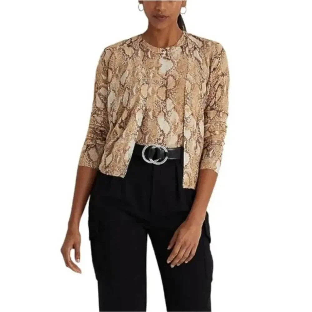 LAUREN Ralph‎ Lauren Tan Snakeskin Print Cotton-Blend Cardigan Size Small New